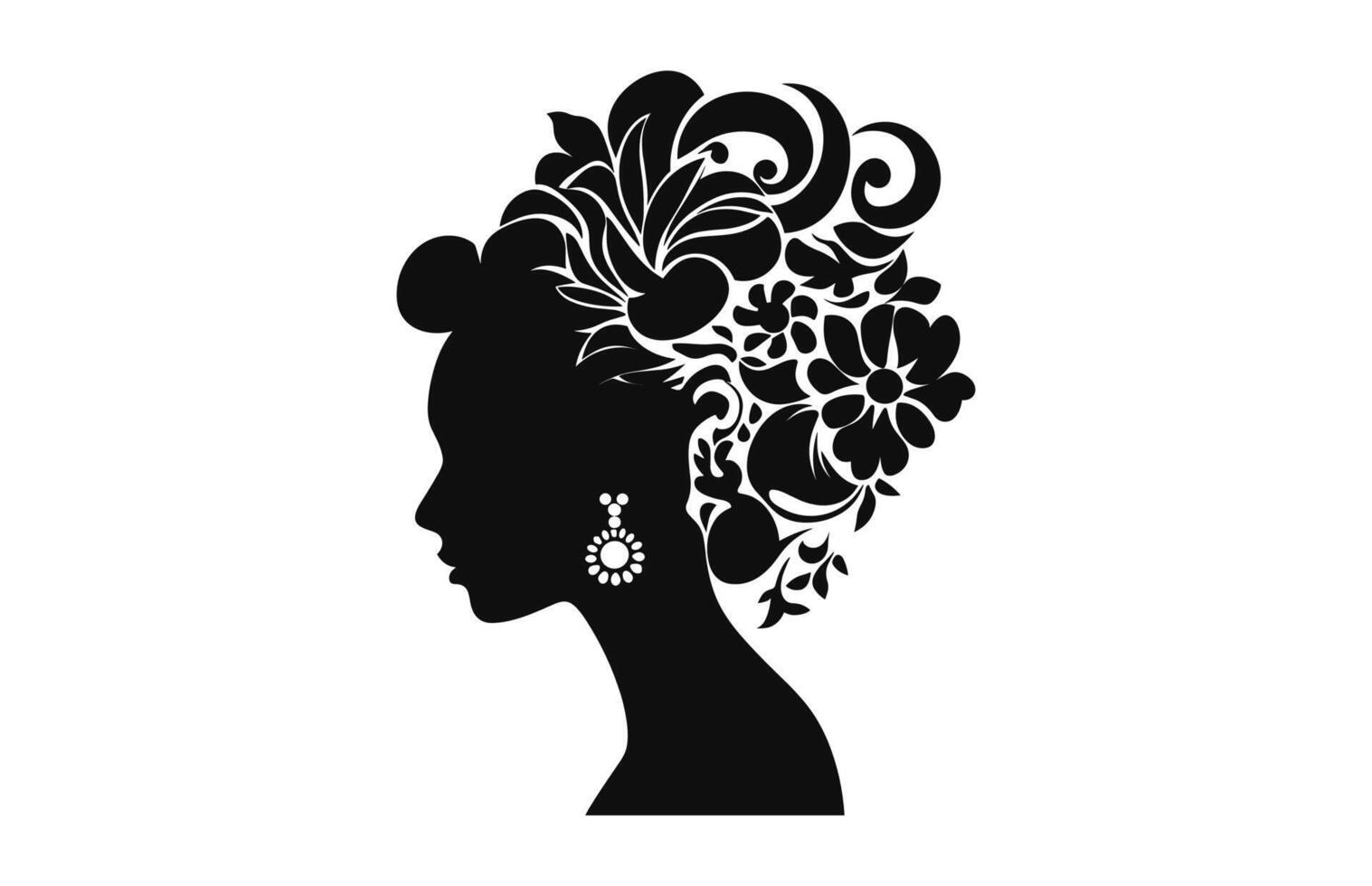 A Women Profile with Floral Hair Black Silhouette vector free