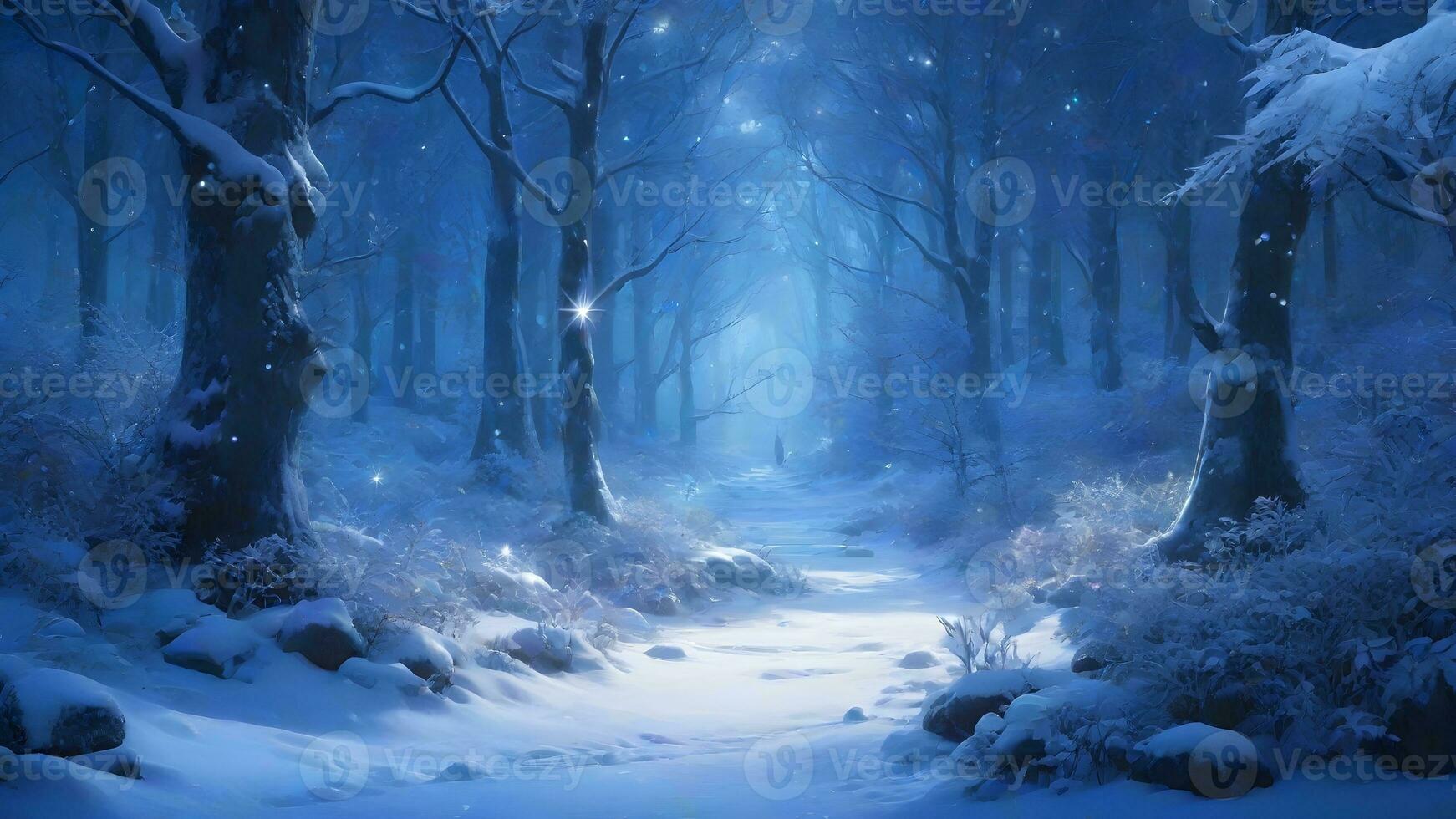 AI generated Tranquil Winter Landscape Frozen Trees in Snowy Forest  in peaceful environment. photo