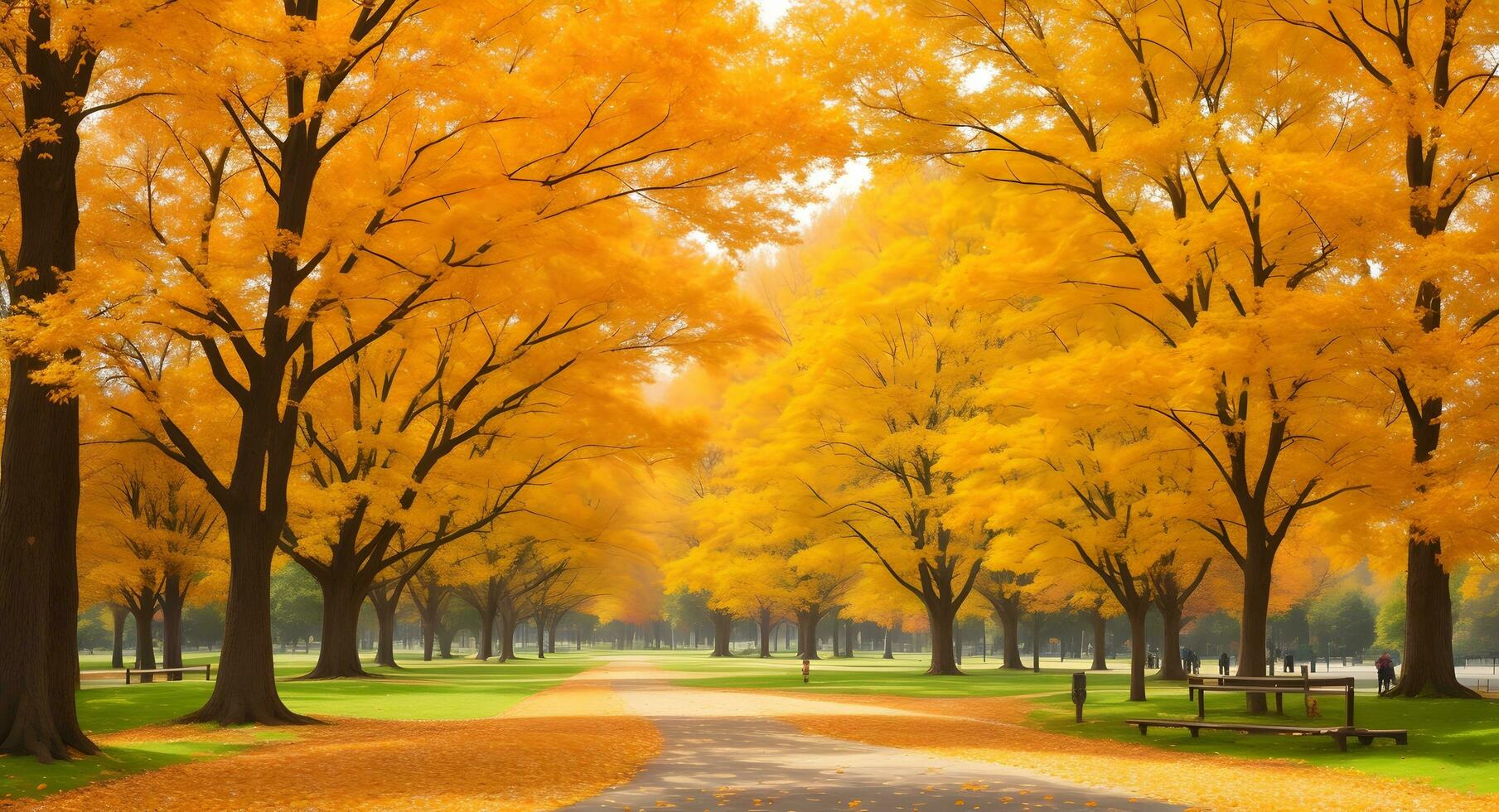 AI generated Empty park path lined with benches under vibrant autumn trees photo