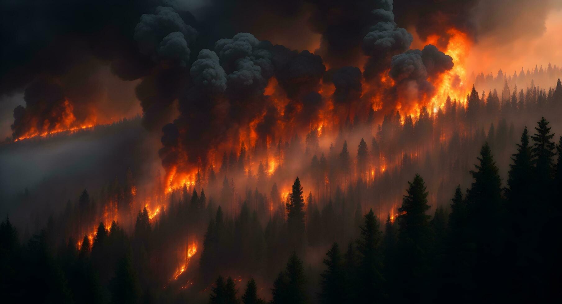 AI generated Forest fire disaster illustration. Damaged environment caused by global warming. wildfire nature destruction photo