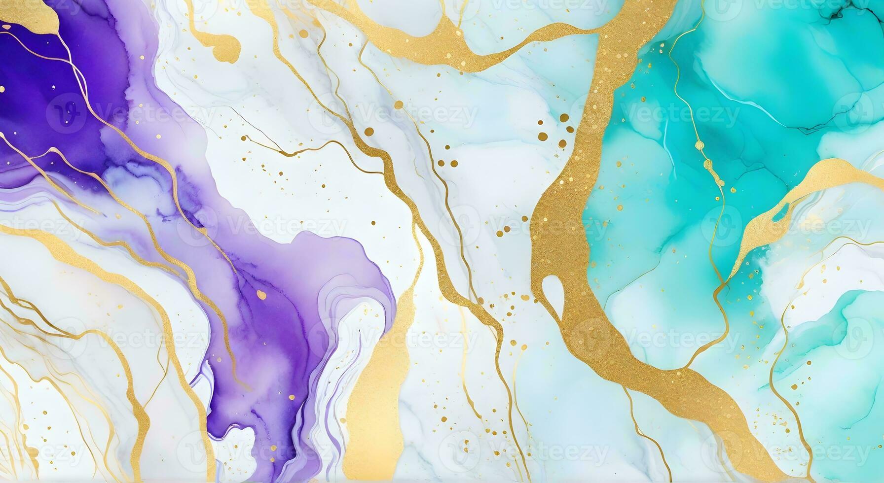 AI generated Mint, violet and turquoise liquid watercolor background with golden glitter brushstrokes and lines. colorful Background photo