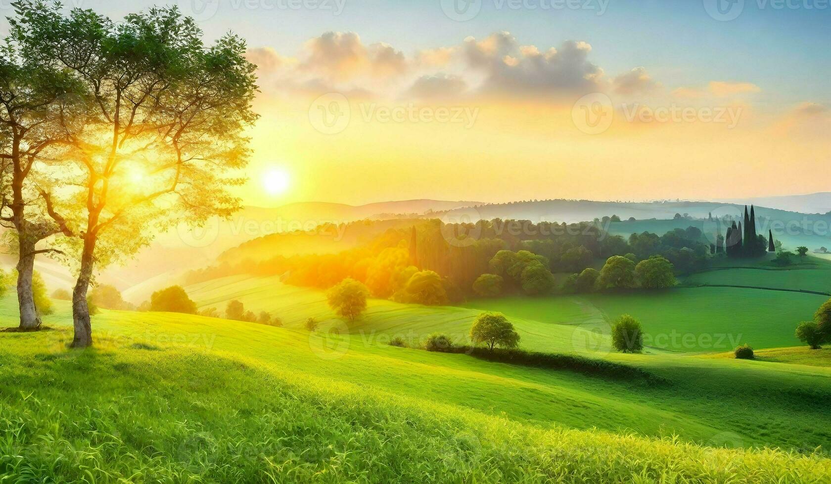 AI generated Beautiful sunrise over green meadow in the morning. Landscape with fog. photo