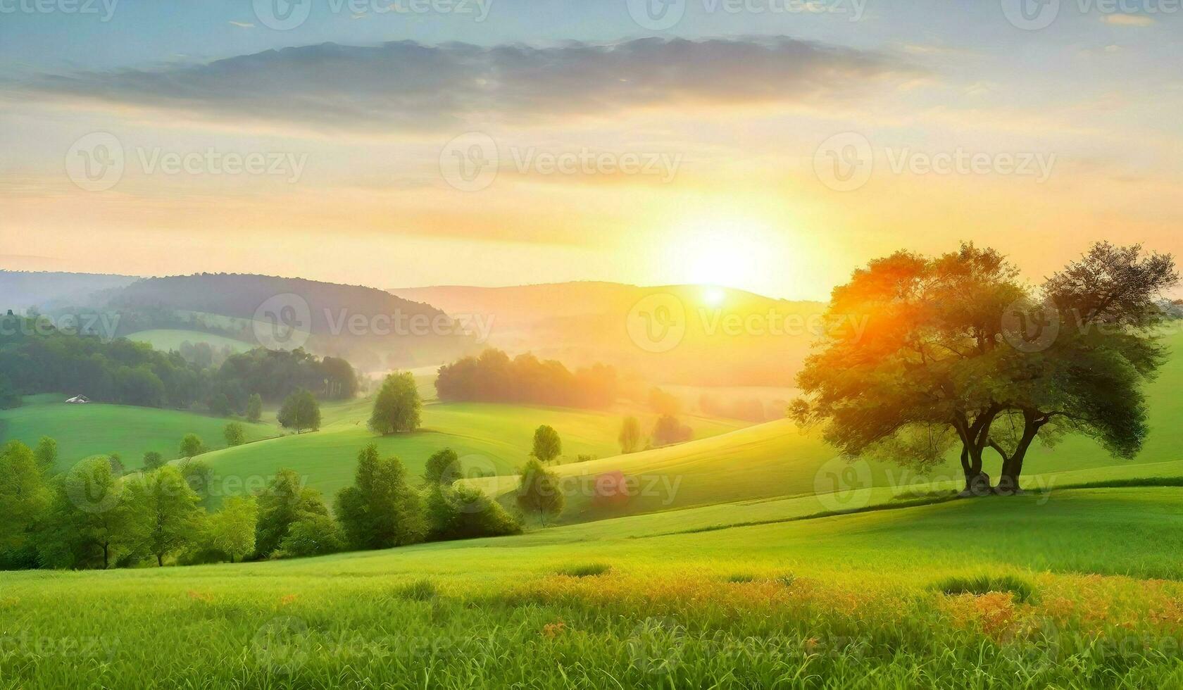 AI generated Beautiful sunrise over green meadow in the morning. Landscape with fog. photo