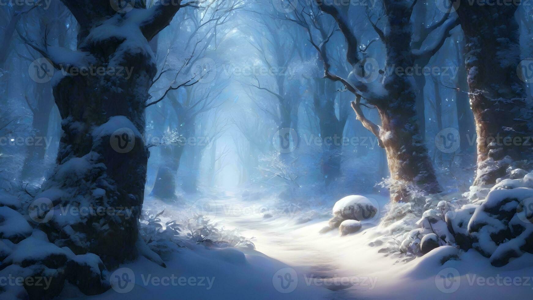 ai generado tranquilo invierno paisaje congelado arboles en Nevado bosque en pacífico ambiente. foto
