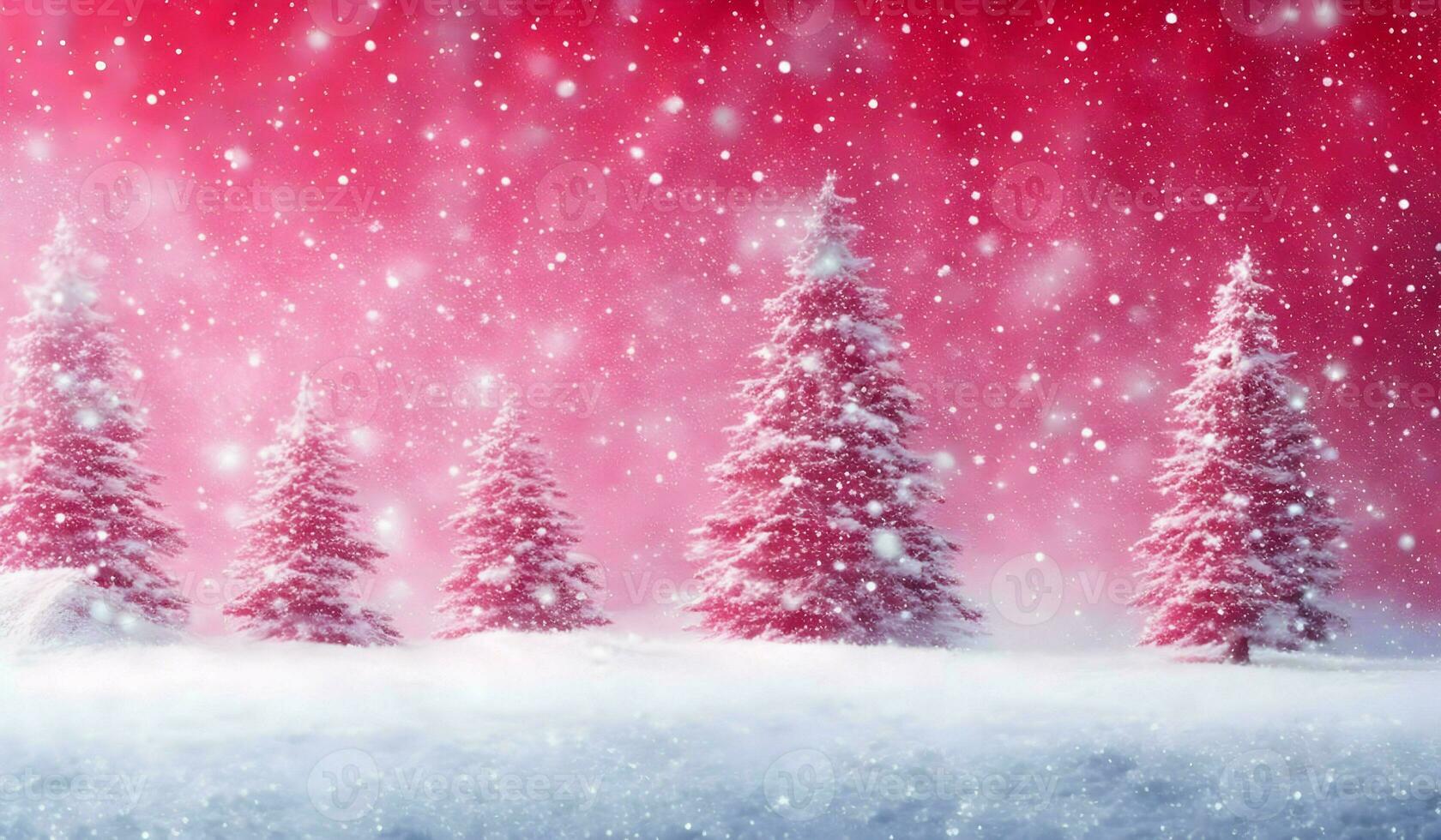 AI generated Winter landscape with snowy fir trees and falling snowflakes against red sky. Christmas background. photo