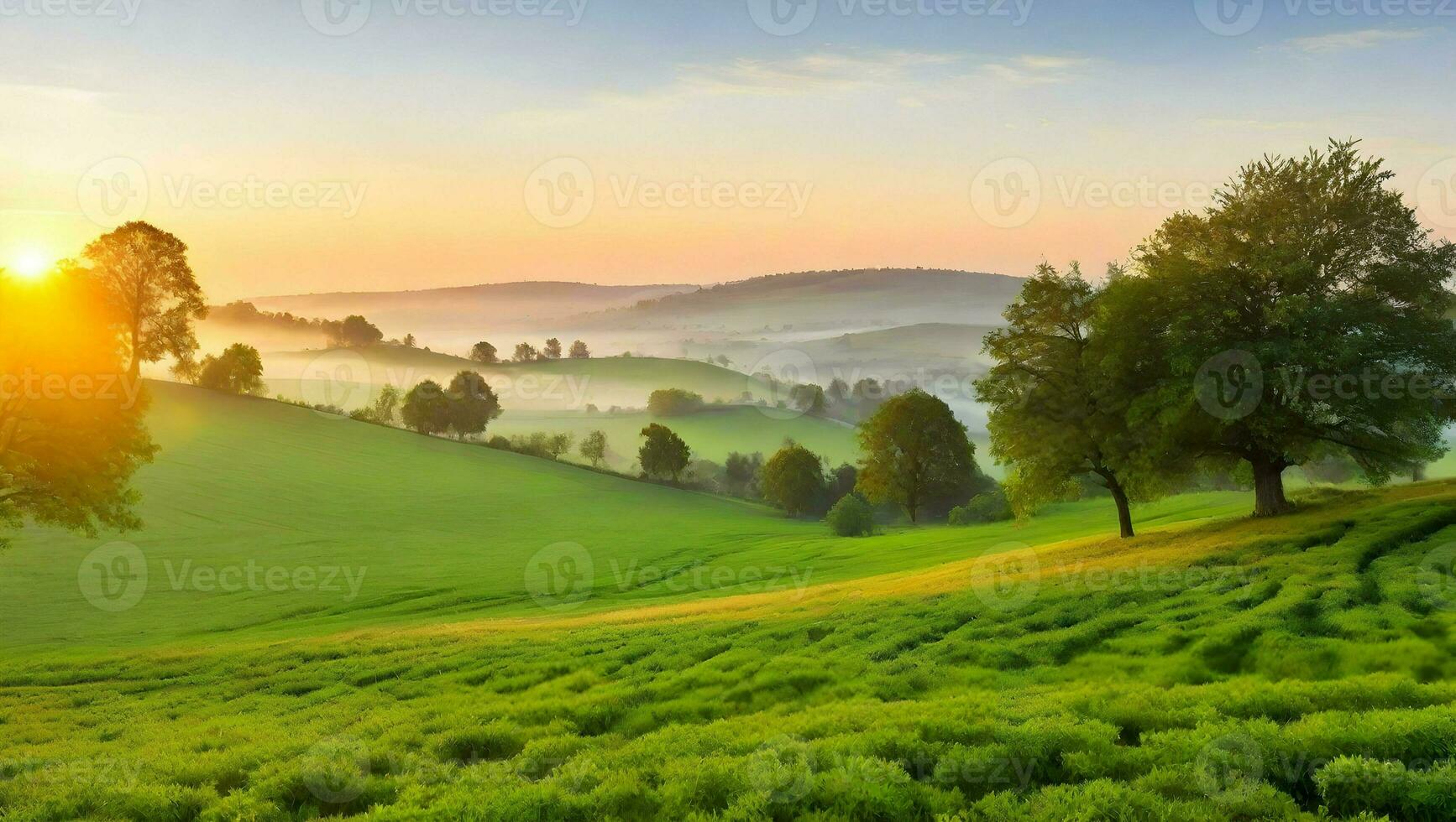 AI generated Beautiful sunrise over green meadow in the morning. Landscape with fog. photo