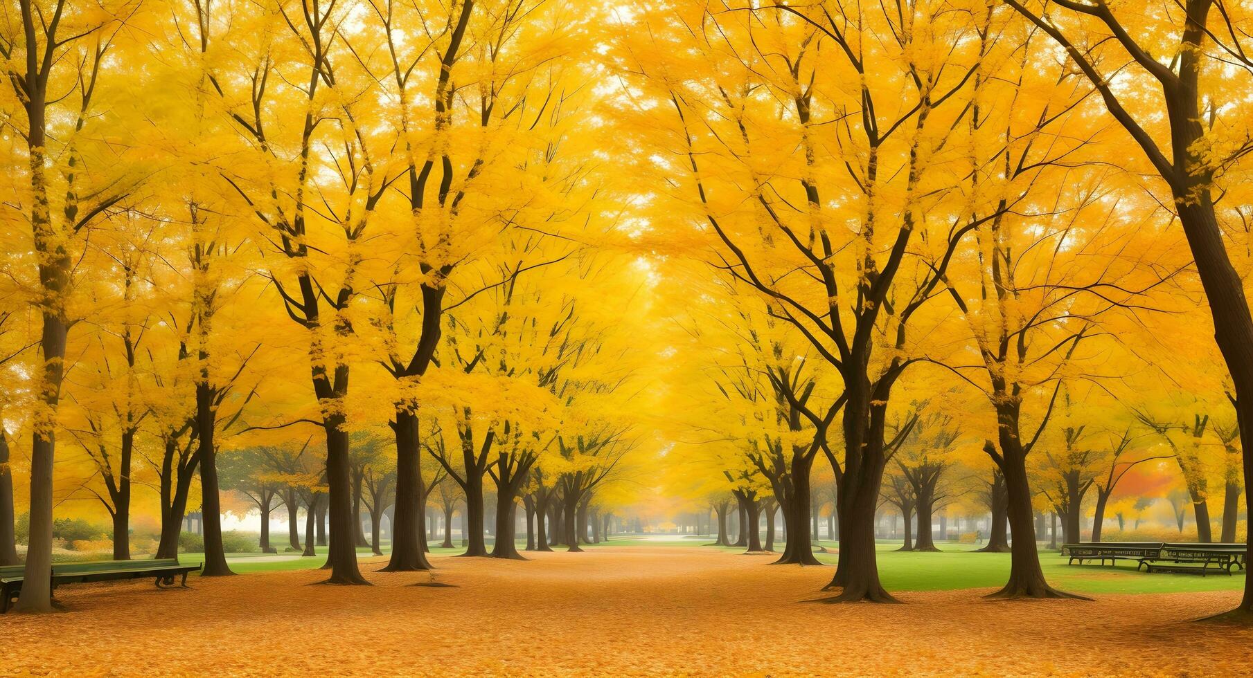 AI generated Empty park path lined with benches under vibrant autumn trees photo