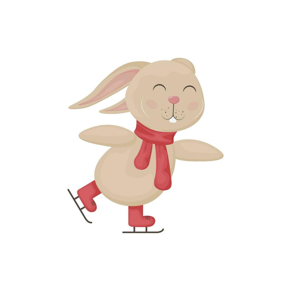 Rabbit on ice skates. Cute rabbit in cartoon style skating on ice. A happy bunny in a red scarf. Vector illustration isolated on a white background