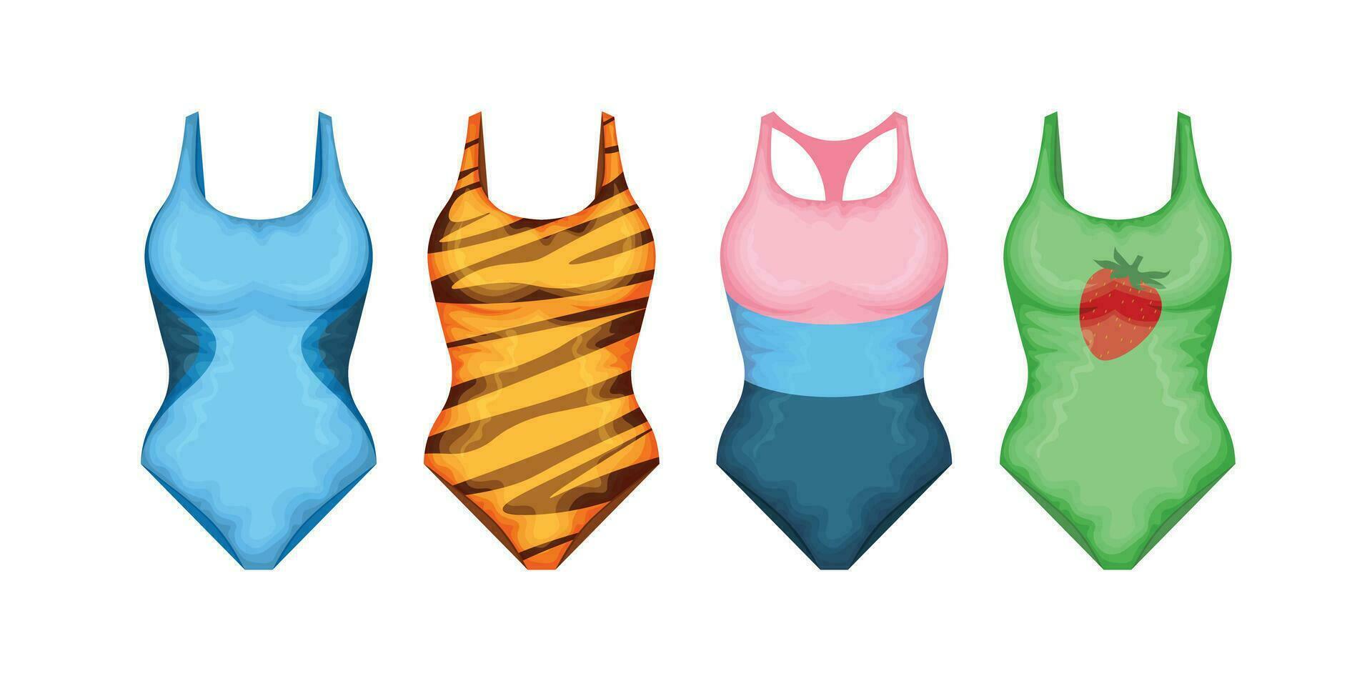 Swimwear set. A set of four swimsuits in different colors. Women s beachwear. A bathing accessory. Vector illustration