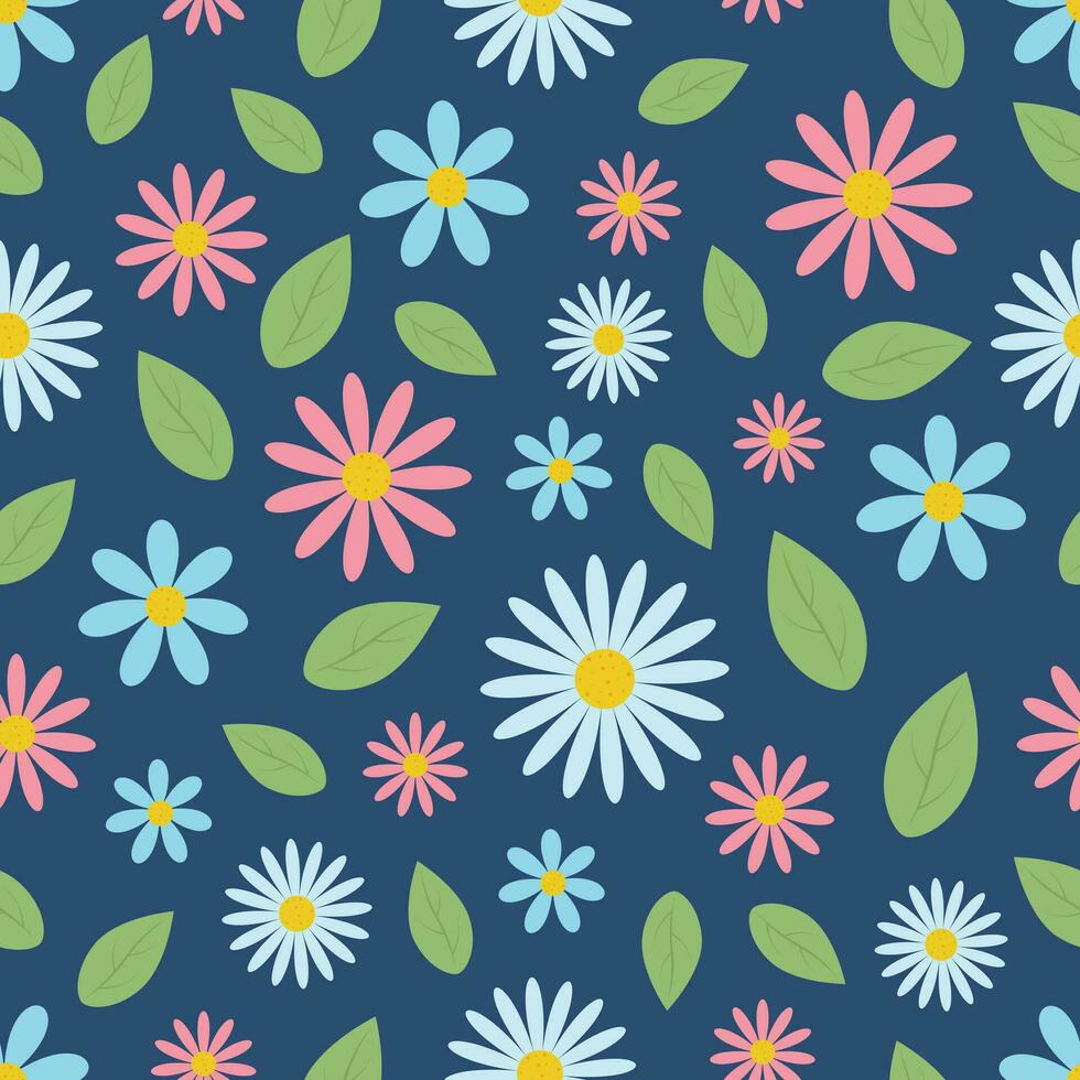 Seamless pattern. A pattern depicting multicolored flowers and green leaves. Bright spring floral pattern on a blue background. Vector illustration