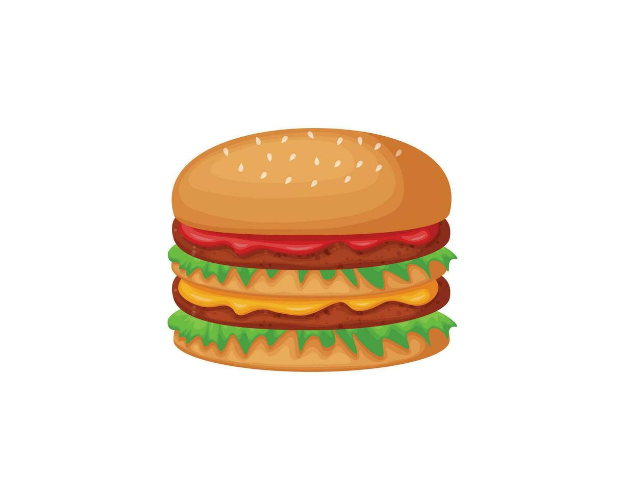 Hamburger. Burger with cutlet, tomatoes, cheese and salad on a sesame bun. Fast food. Vector illustration isolated on a white background