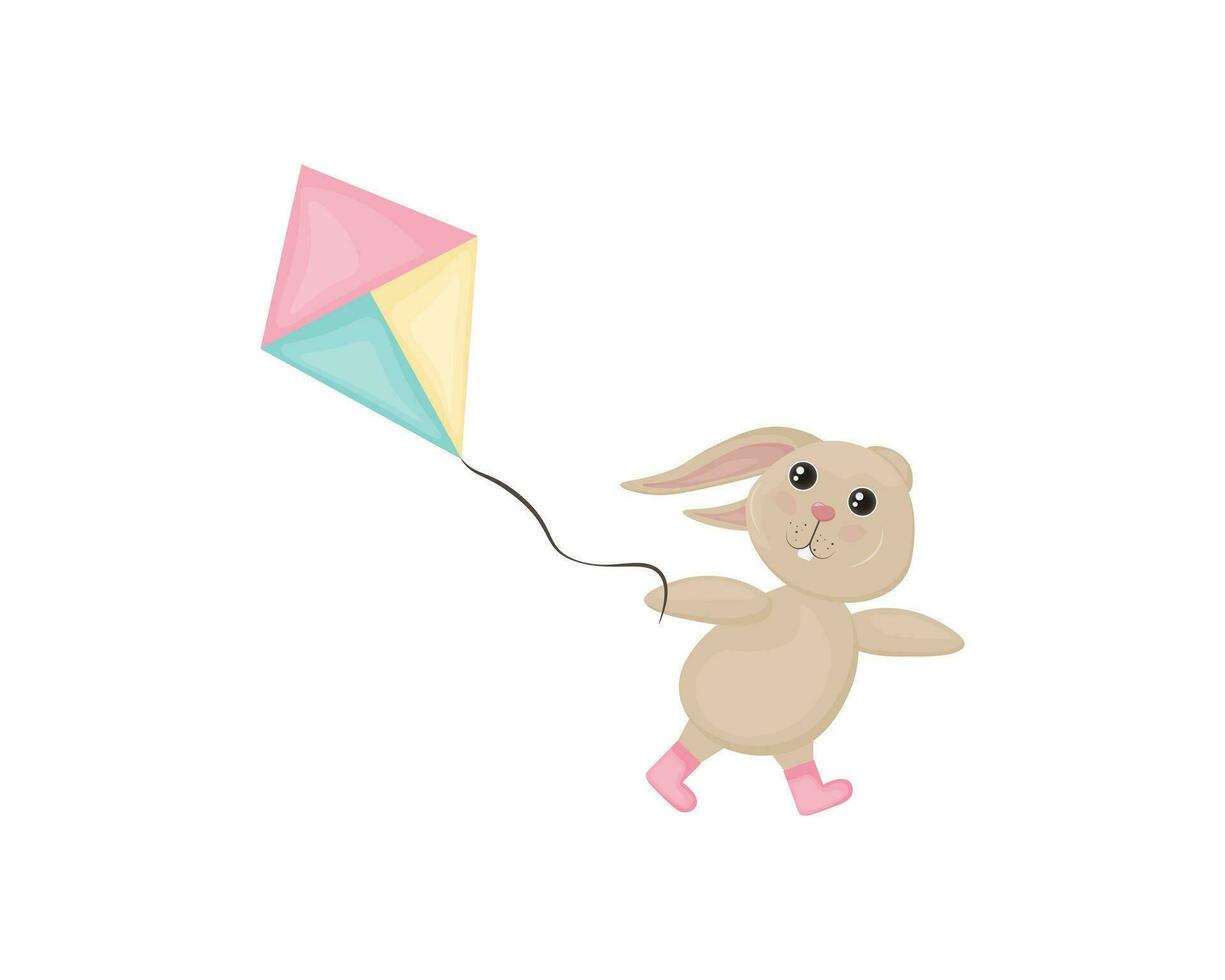 A hare with a kite. Cute rabbit runs with a kite. Children s illustration with a running rabbit. Vector illustration isolated on a white background