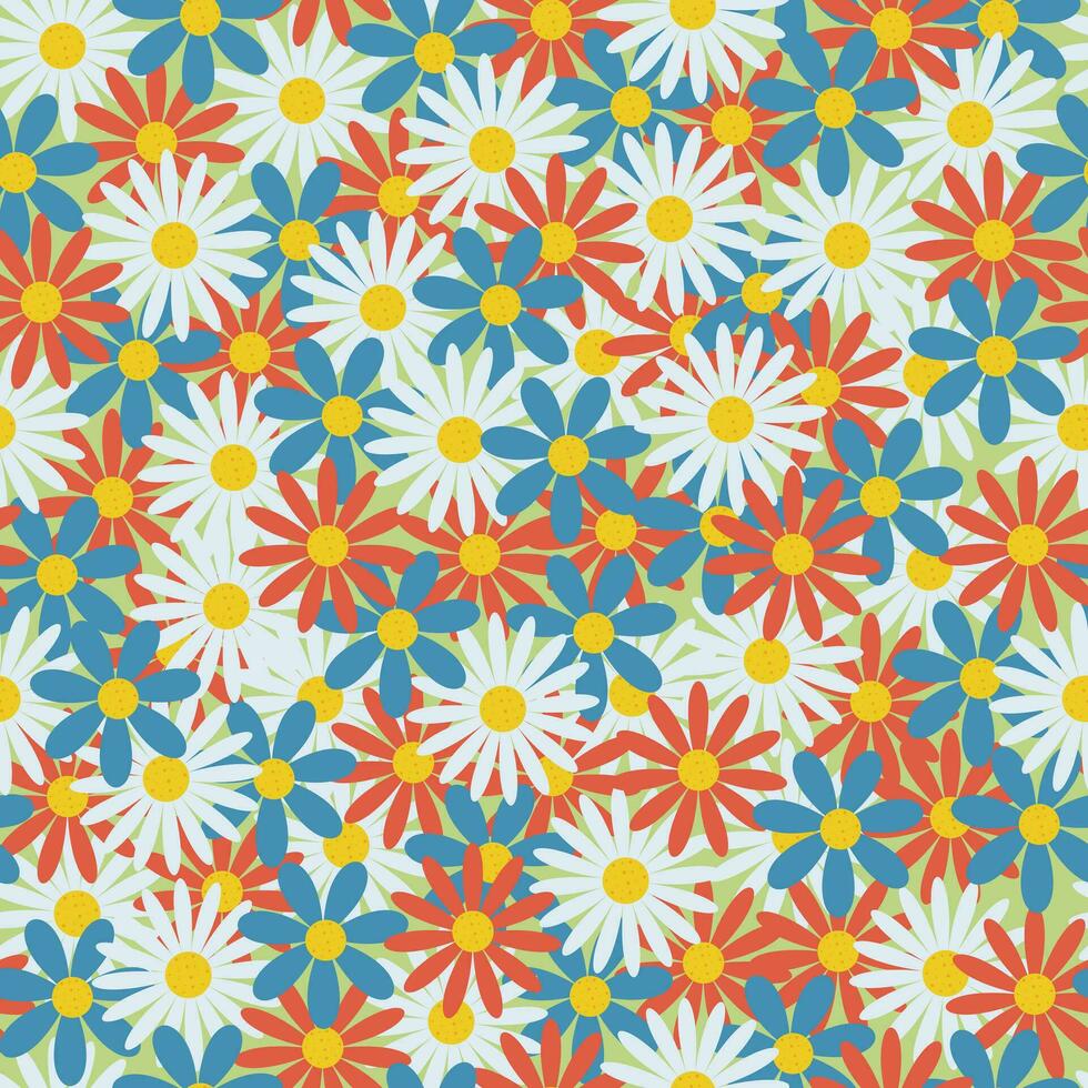 Seamless pattern. A pattern depicting multicolored flowers on a yellow background. Bright spring floral pattern with daisies. Vector illustration