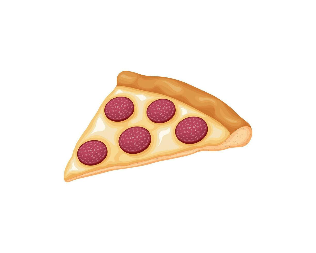 Pepperoni pizza. Delicious slice of pizza with sausage and cheese. A dish of Italian cuisine. Fast food. Vector illustration isolated on a white background