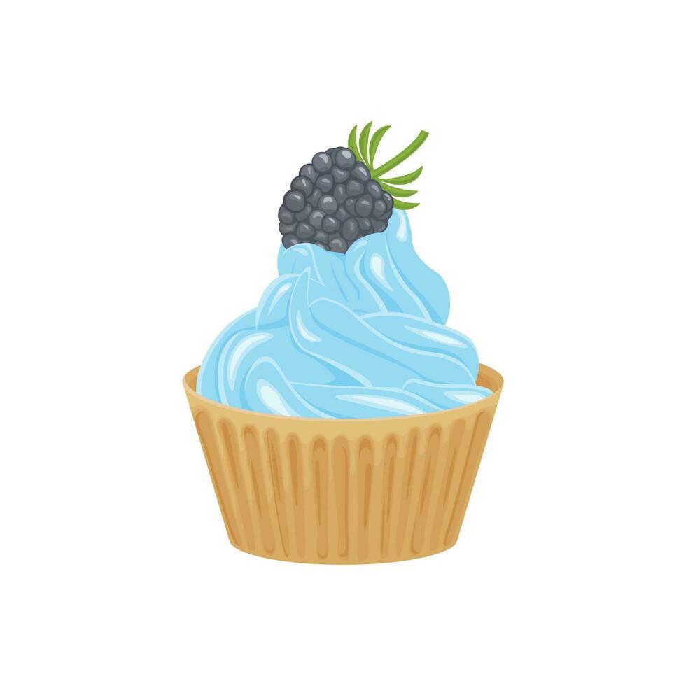 Cupcake. Vanilla cupcake with blueberries. Berry vanilla muffin with blue cream. Sweet dessert. Vector illustration isolated on a white background