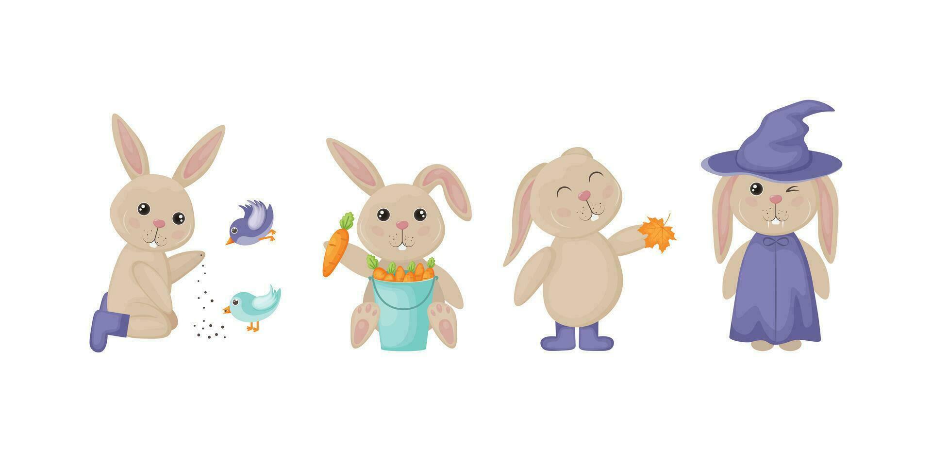 A set for a rabbit. Cute children s illustration depicting various actions of a rabbit. The hare feeds the birds, sits with a bucket of carrots, holds an autumn leaf, stands in a Halloween costume vector