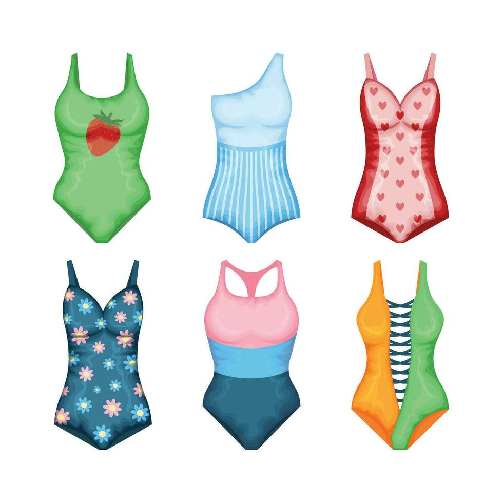 Swimwear set. A set of four swimsuits in different colors. Women s beachwear. A bathing accessory. Vector illustration.