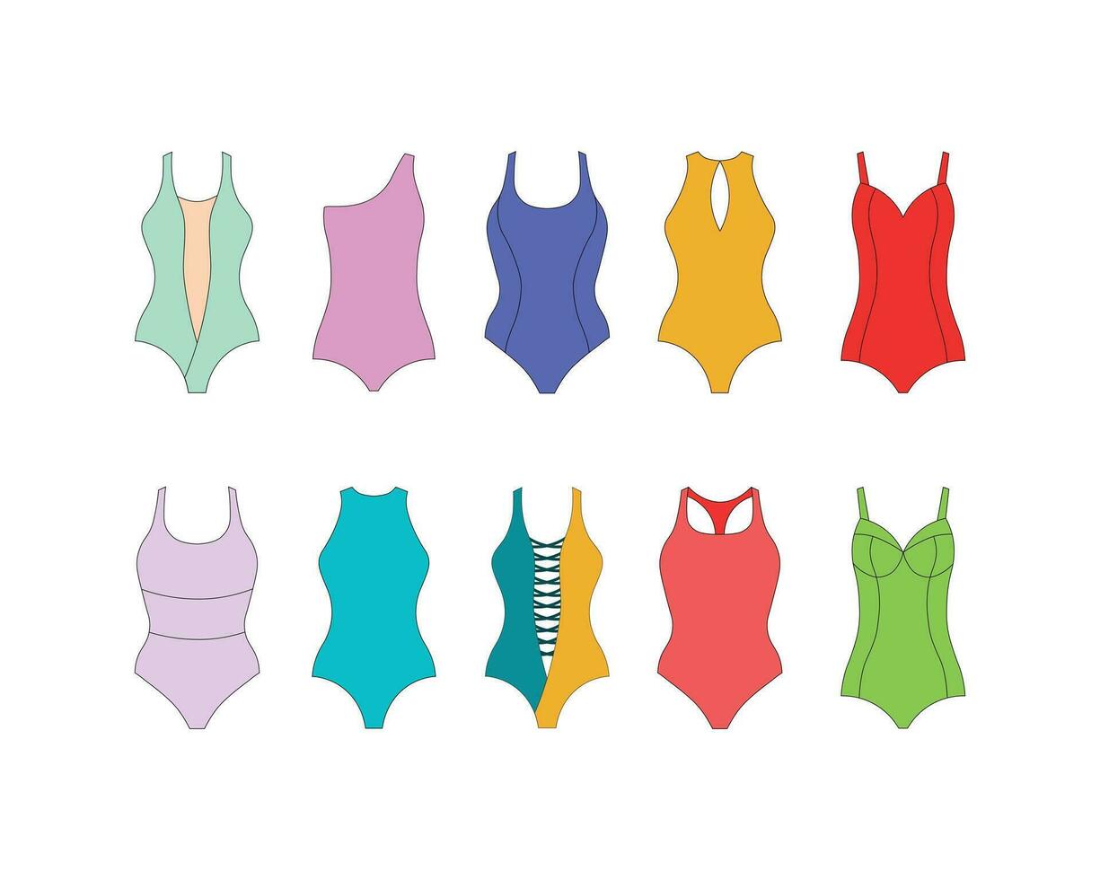 trajes de baño colocar. un conjunto de cuatro trajes de baño en diferente colores. mujer s ropa de playa un baños accesorio. vector ilustración