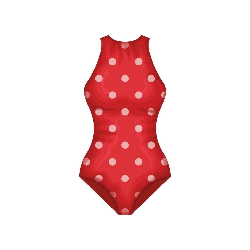 Swimsuit. Women s closed swimsuit in red with white polka dots. Bathing suit for a beach holiday. Summer clothes. Vector illustration isolated on a white background