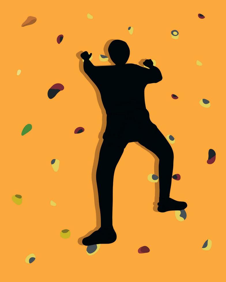 Vector isolated illustration of a man on a climbing wall. Silhouette of a person on a climbing wall. Training for climbers. Bouldering.