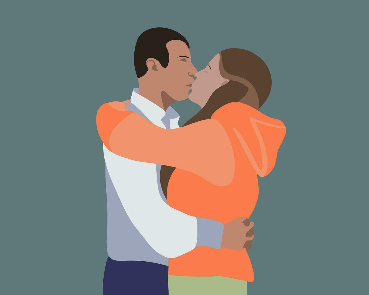 Vector isolated illustration of a kissing couple. Revealing a relationship with a kiss. A guy and a girl in love.