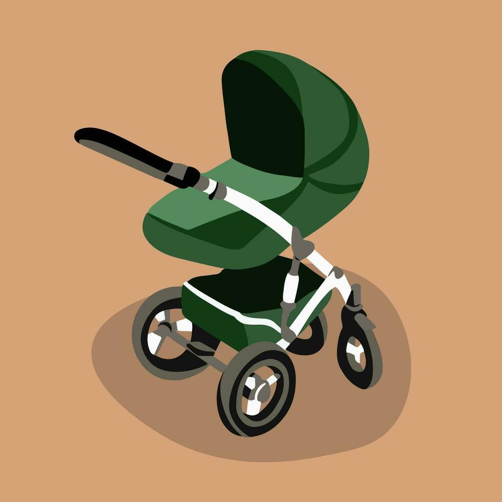 Vector isolated illustration of a green baby carriage.