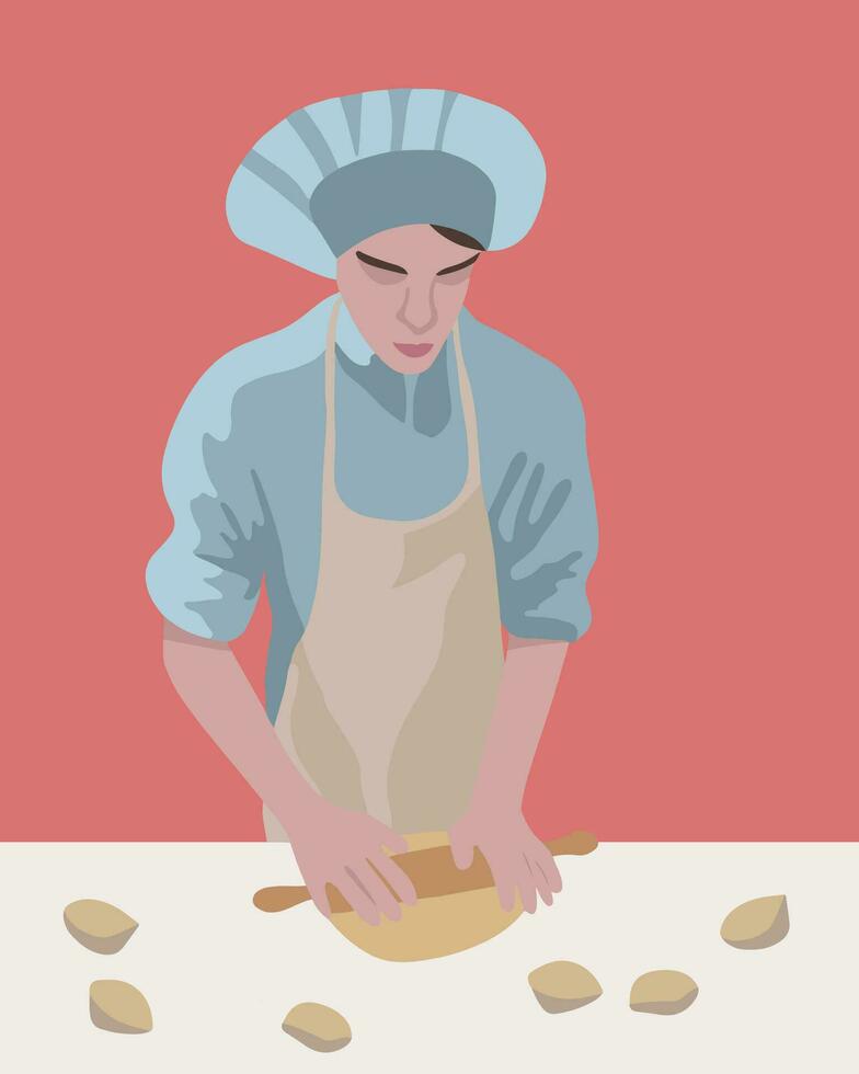 Vector isolated illustration of chef boy. Dough preparation process. Cooking. Preparation of pastries.