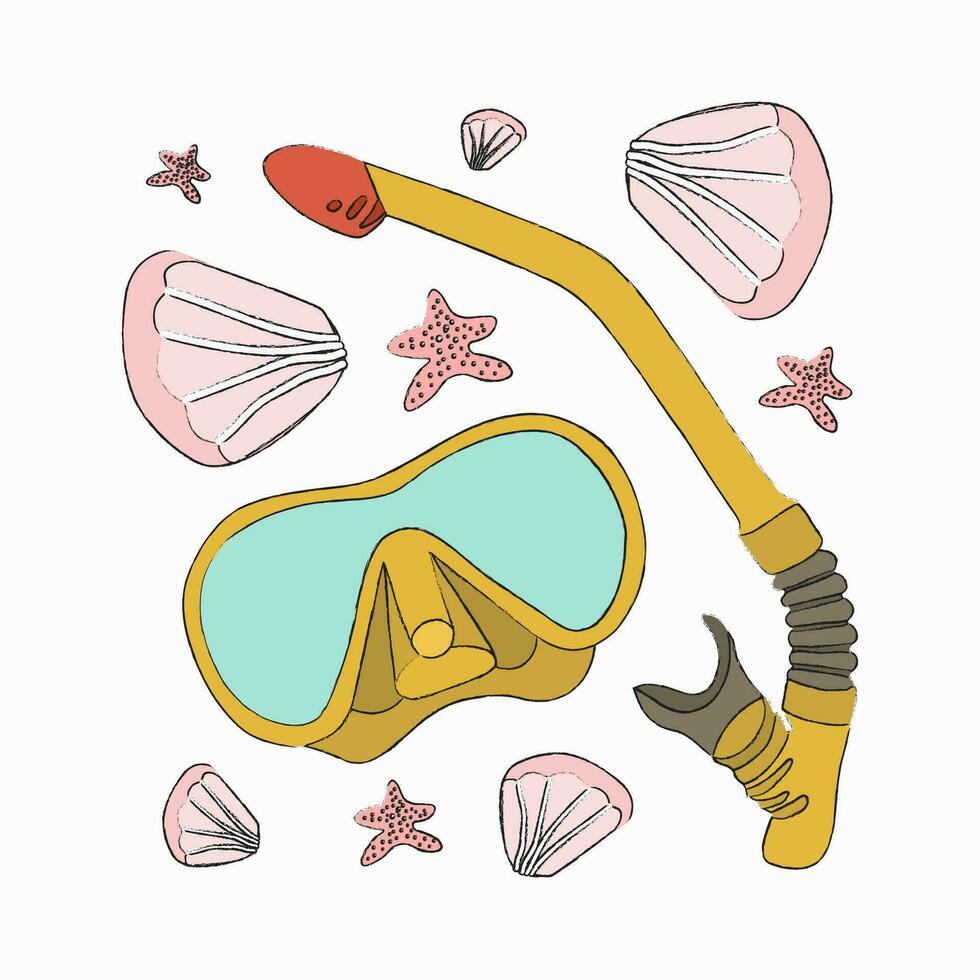 Vector isolated illustration of mask and snorkel for swimming. Equipment for diving. Summer set for a vacation on the sea and the ocean.
