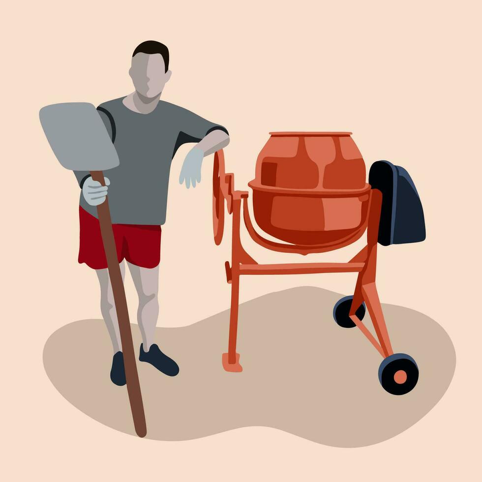 Vector isolated illustration of a man with a concrete mixer.