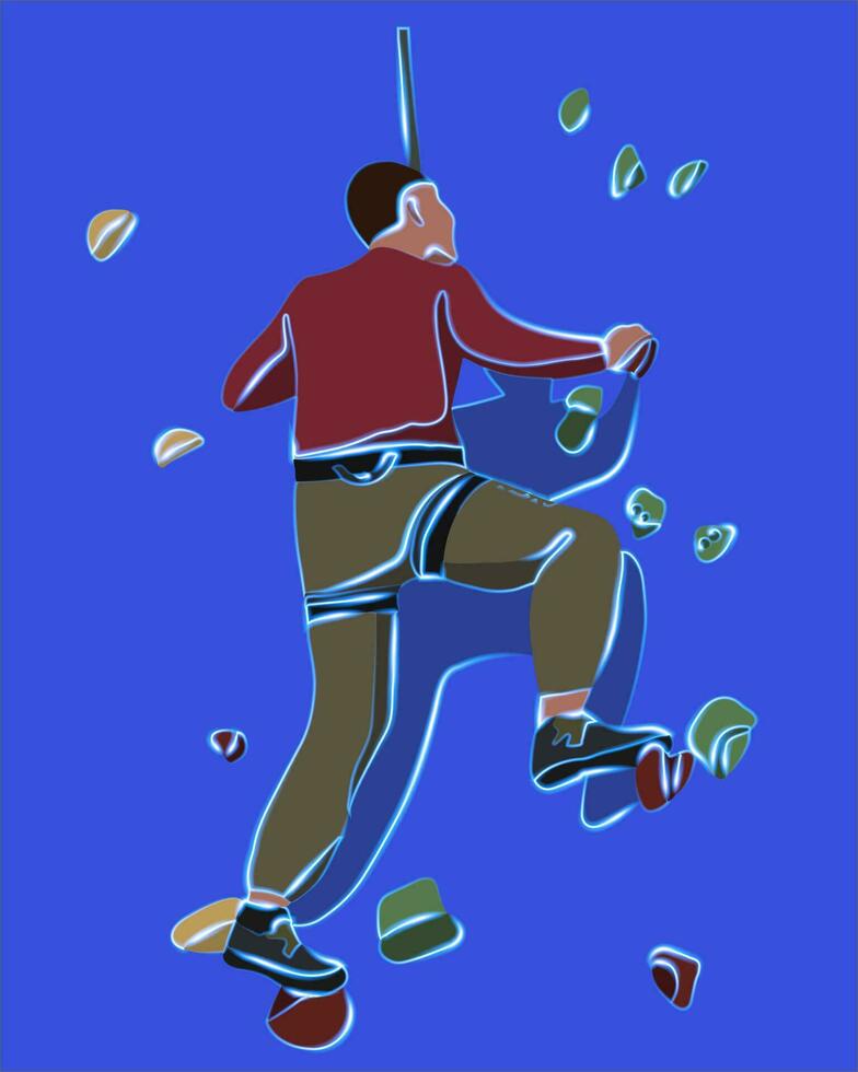 Vector isolated illustration of a man on a climbing wall. Bouldering. The boy climbs the wall on the climbing wall. Training of climbers.