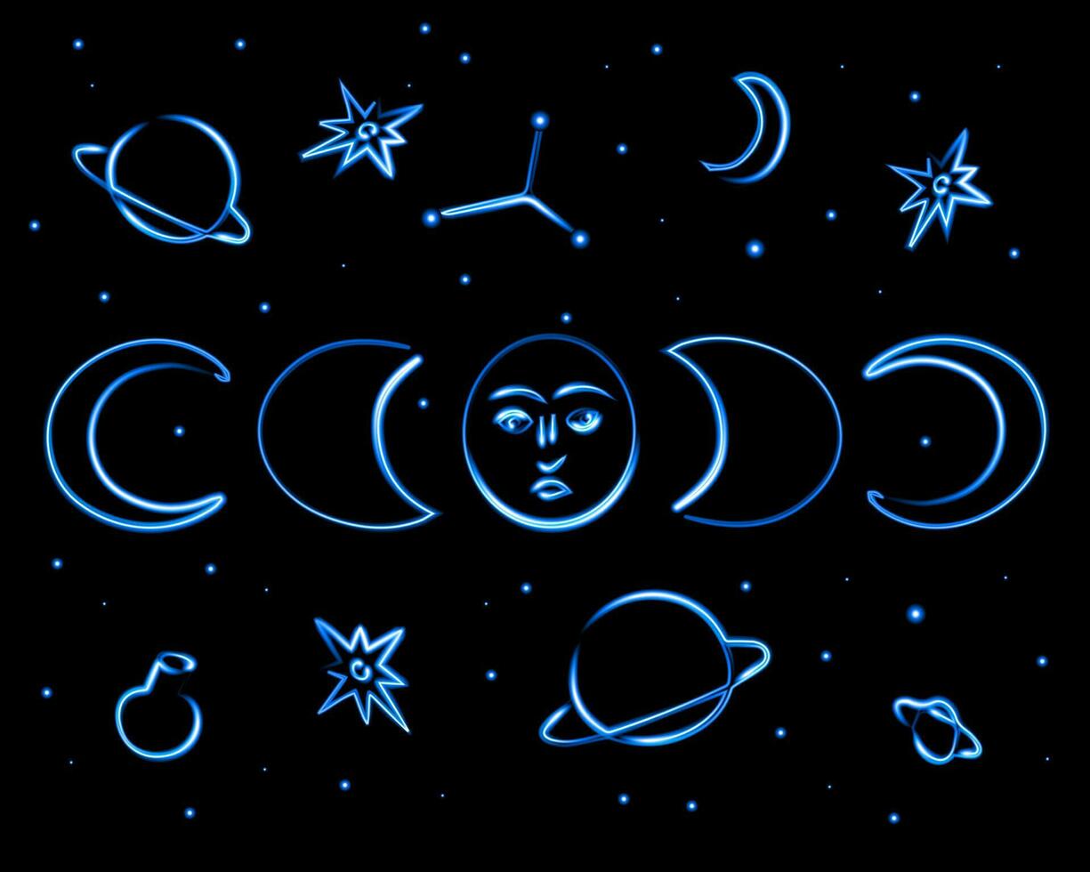 Vector isolated astrology set with neon effect.