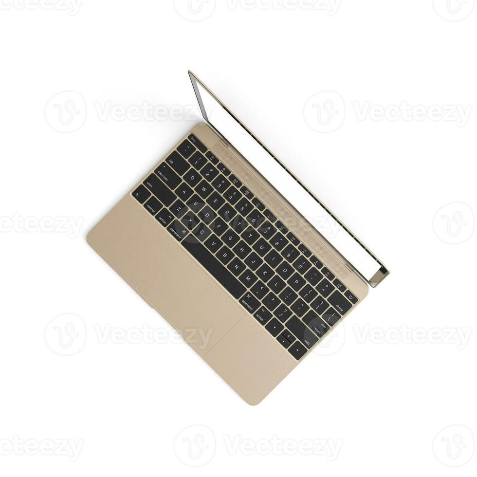 Laptop empty display with blank screen isolated on white background for ads top view from left photo