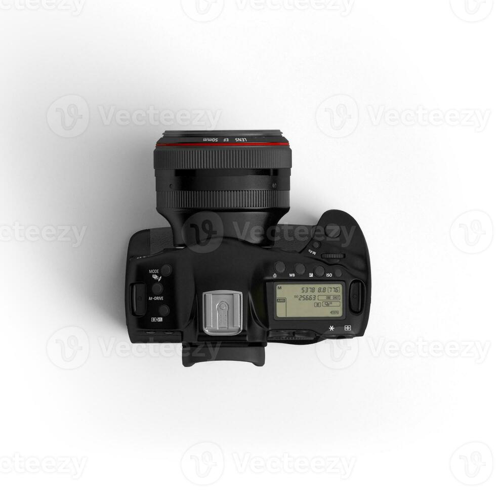 DSLR Camera black body front placed and top view image on white background photo