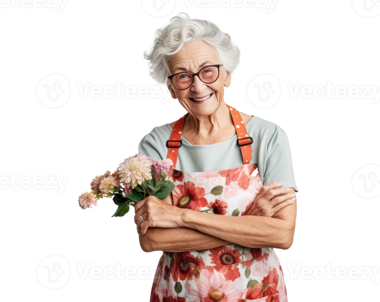 AI generated Charming Senior Lady with Flowers on Transparent png