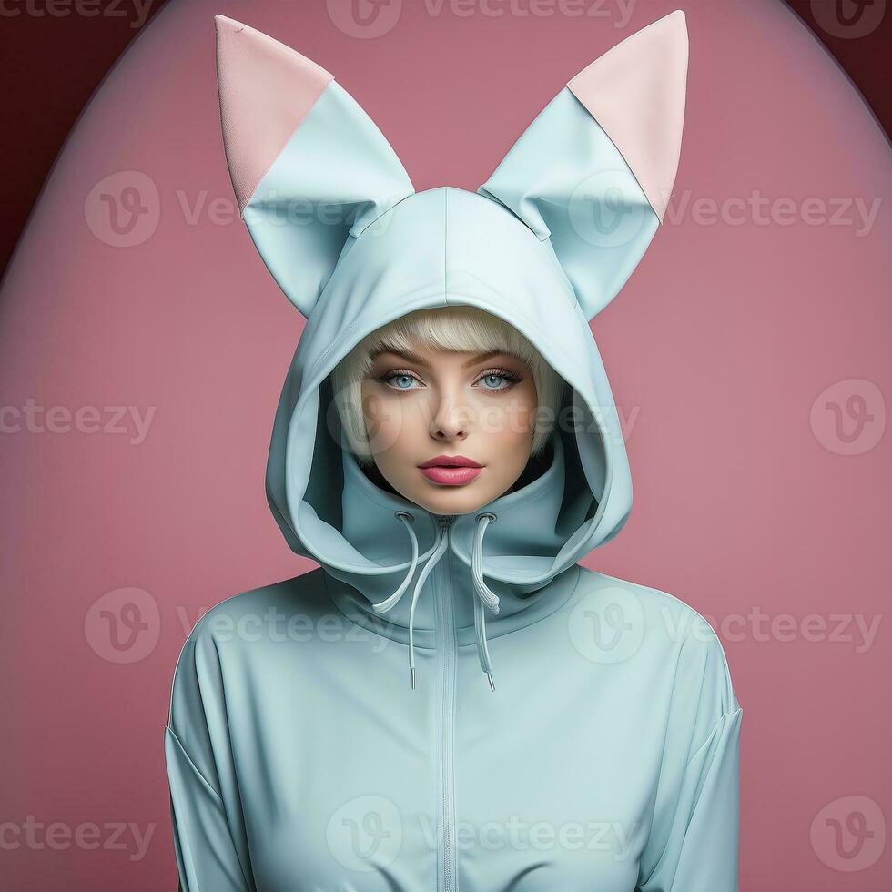 AI generated Beautiful sexy young girl in pink costume, catwoman. photo