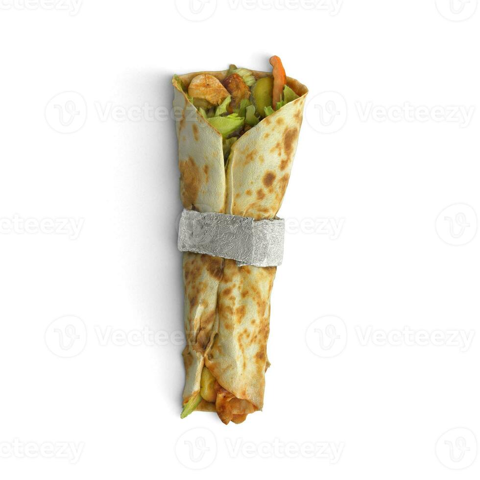 Wrap food vertically placed a testy food photo on white background top view tied