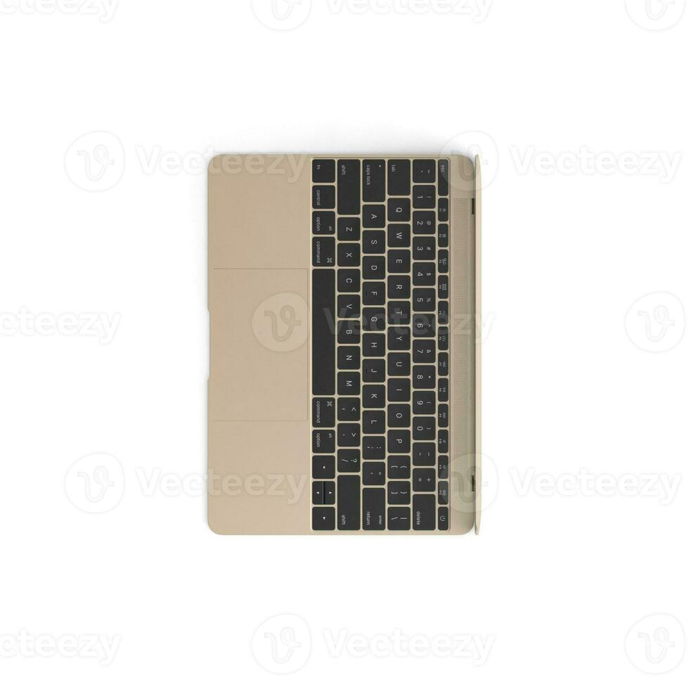 Laptop empty display with blank screen isolated on white background for ads top view right photo