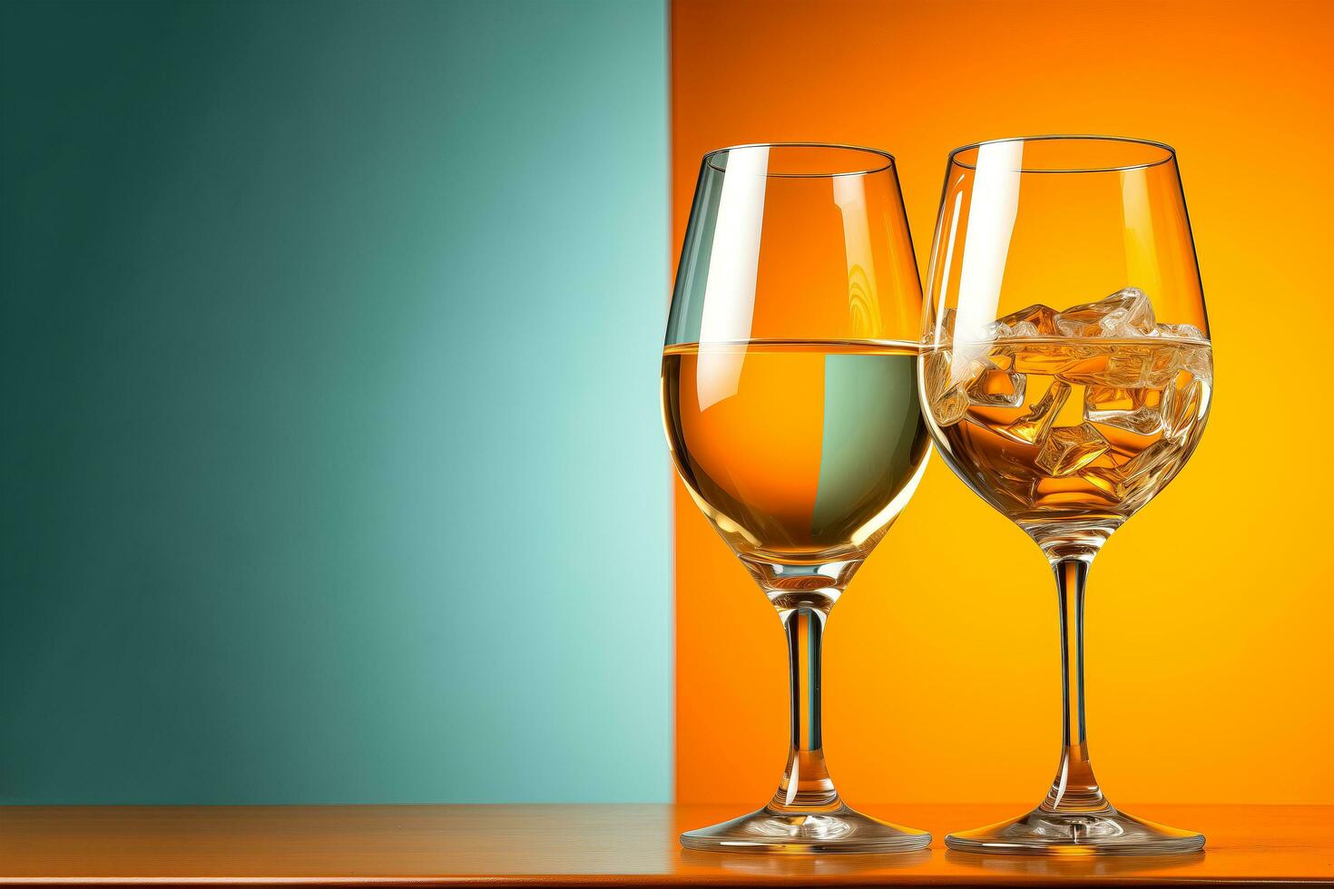 AI generated two glasses of water and ice on an orange and blue background. photo