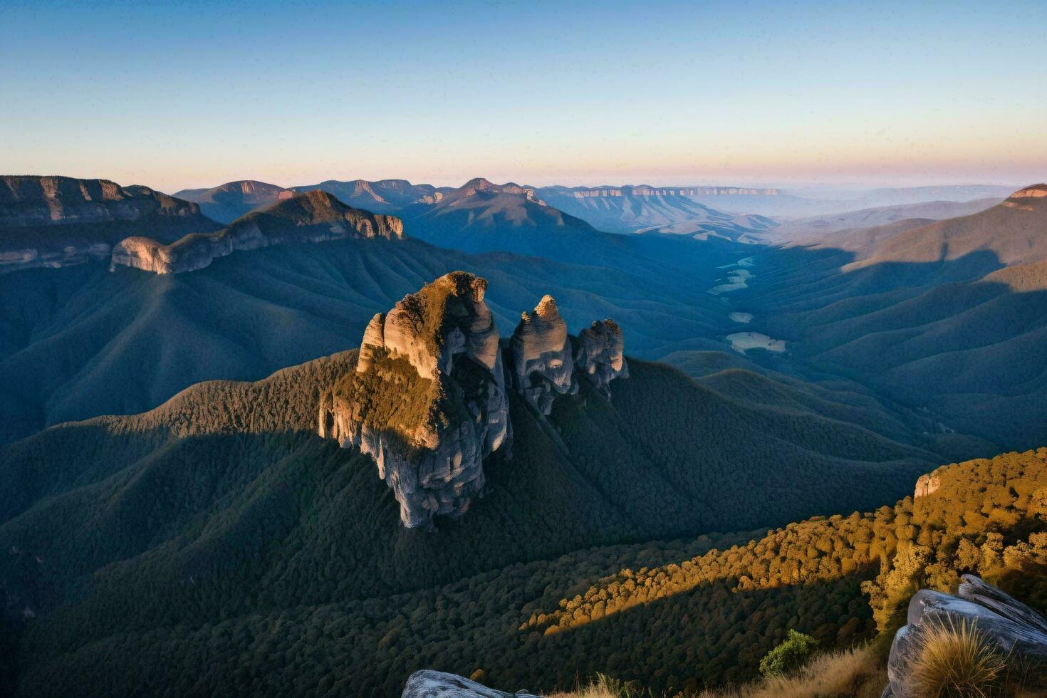 AI generated Three Sisters Rock Formation at Sunrise photo