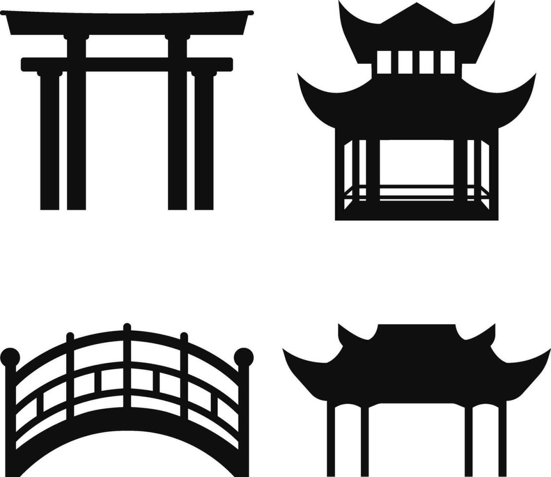 Traditional Chinese Building Silhouette Set. Isolated Black Vector