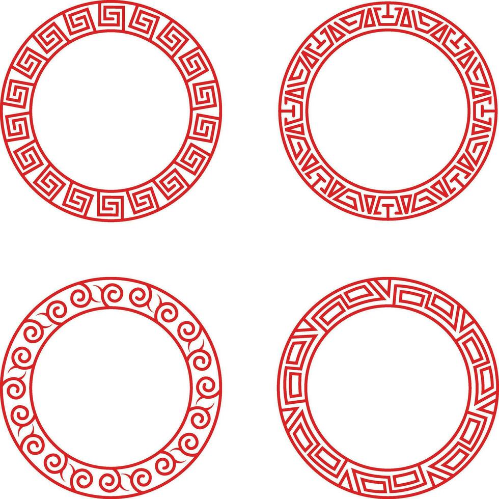 Set of Red Chinese Circle Frame. Vector Icon