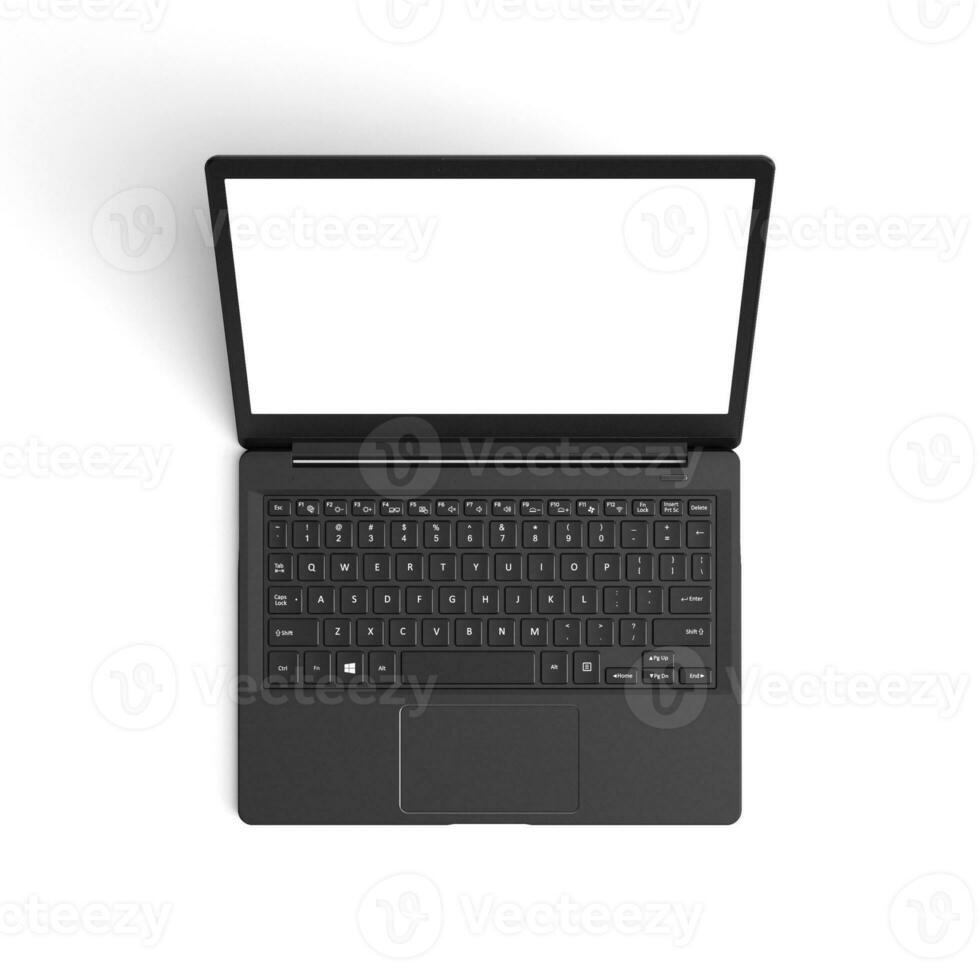 Laptop empty display with blank screen isolated on white background for ads top view from middle photo