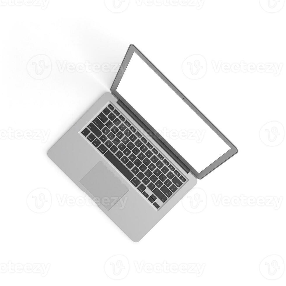 Laptop open display with blank screen isolated on white background for ads top view left photo