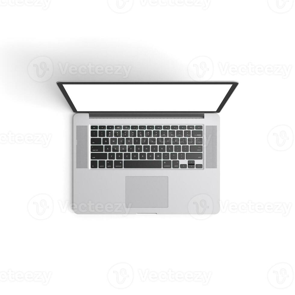 Laptop open display with blank screen isolated on white background for ads top view middle old photo