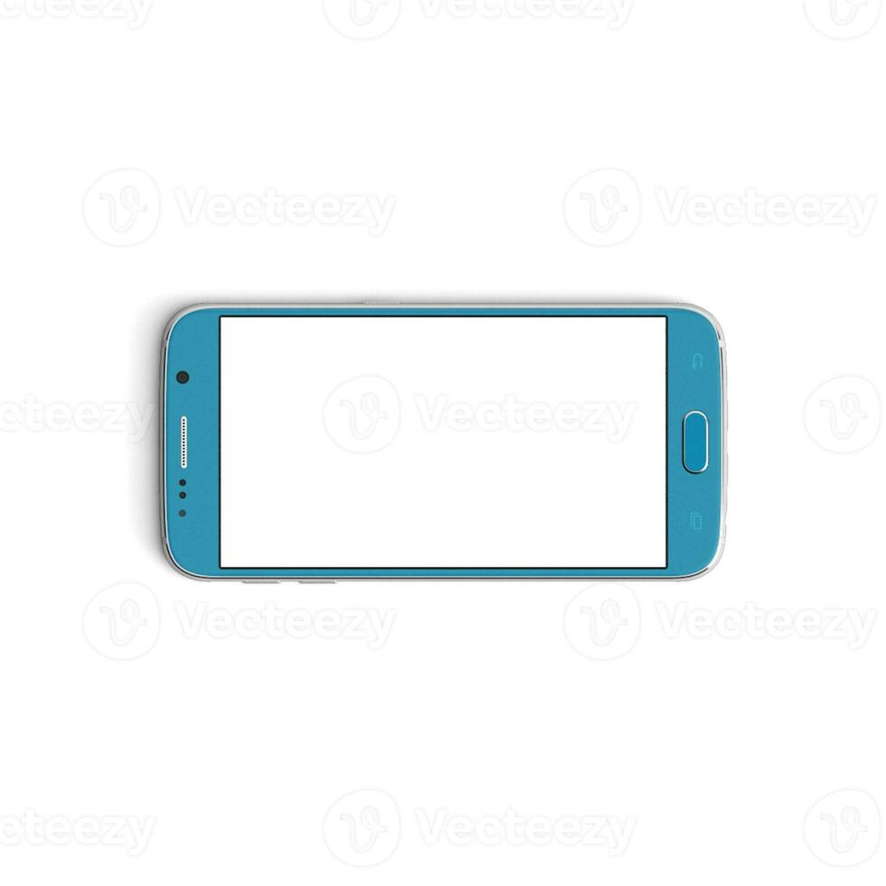 Mobile phone empty display with blank screen isolated on white background for ads - Front - Horizontal - Blue photo
