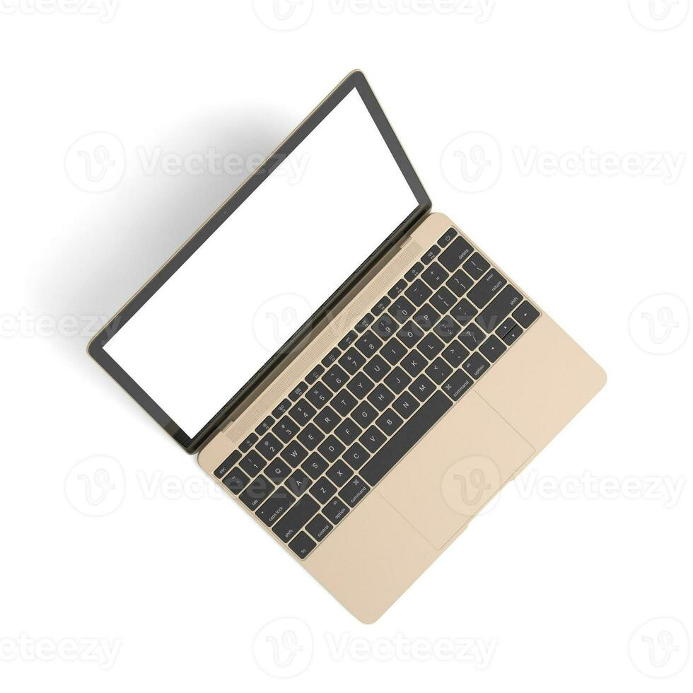 Open Laptop empty display with blank screen isolated on white background for ads top view from right view photo