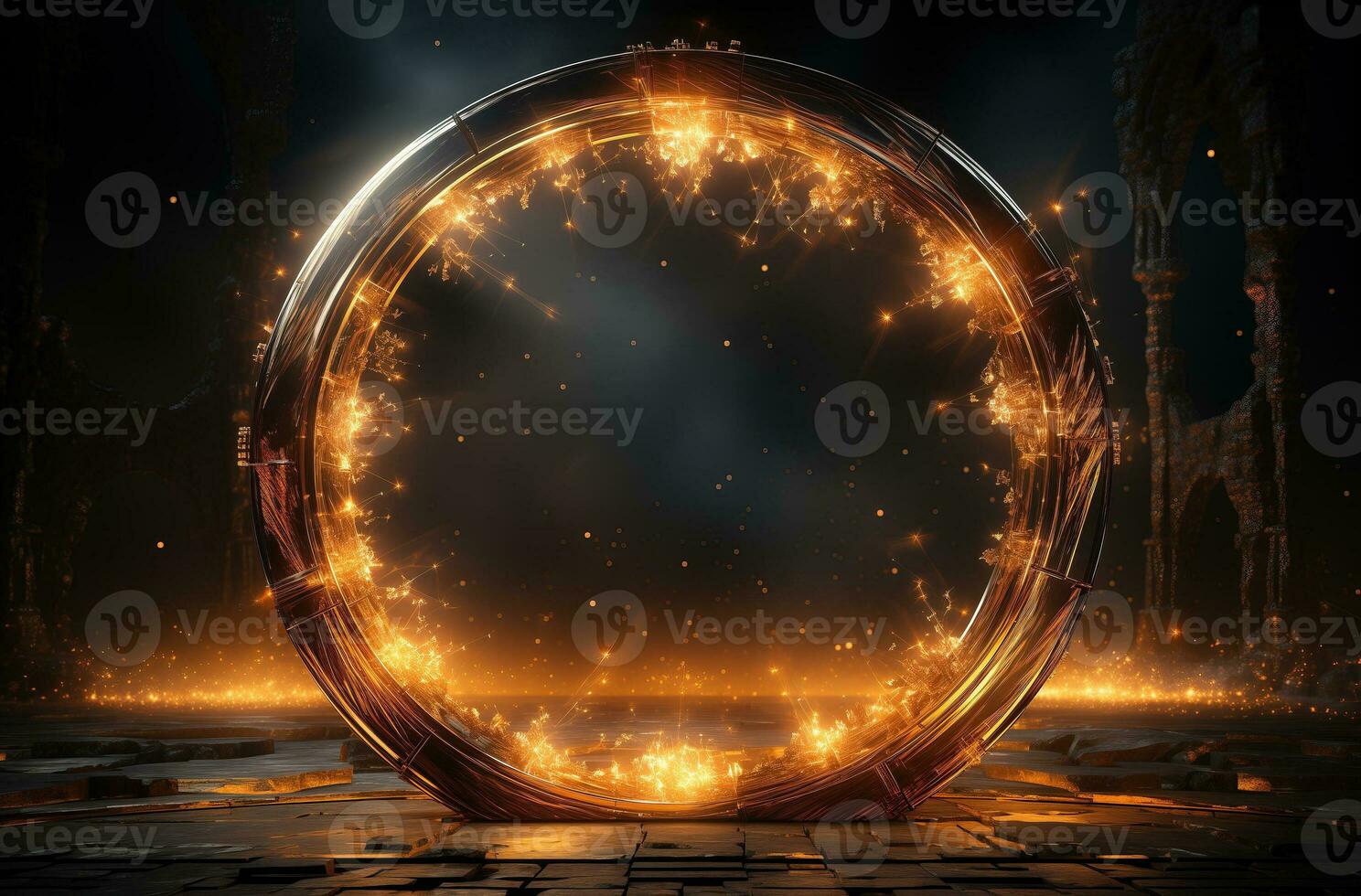 AI generated Magical fire portal in the shape of a circle. Magical lights. Fantasy gate illustration. A gateway to another realm. photo