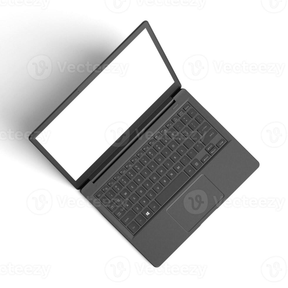 Laptop empty display with blank screen isolated on white background for ads top view from middle open photo