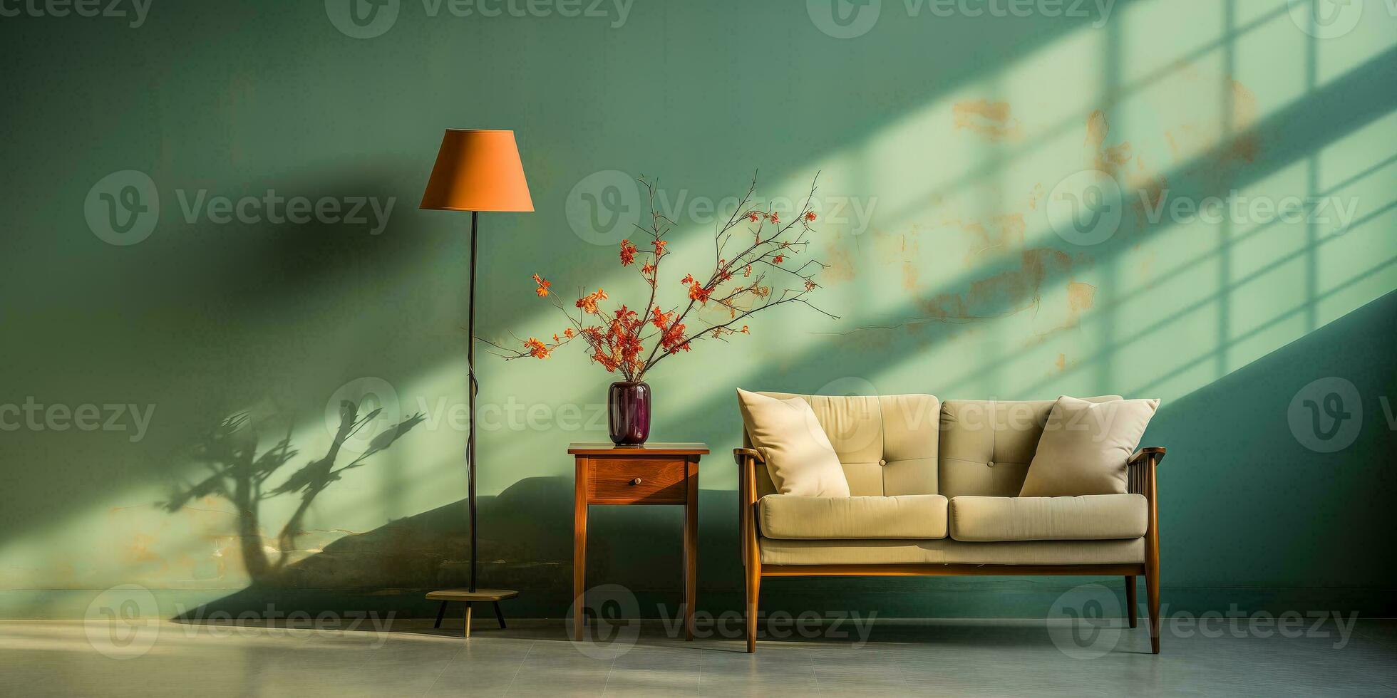 AI generated Green interior with two armchairs, coffee table and flowers. 3d render. photo