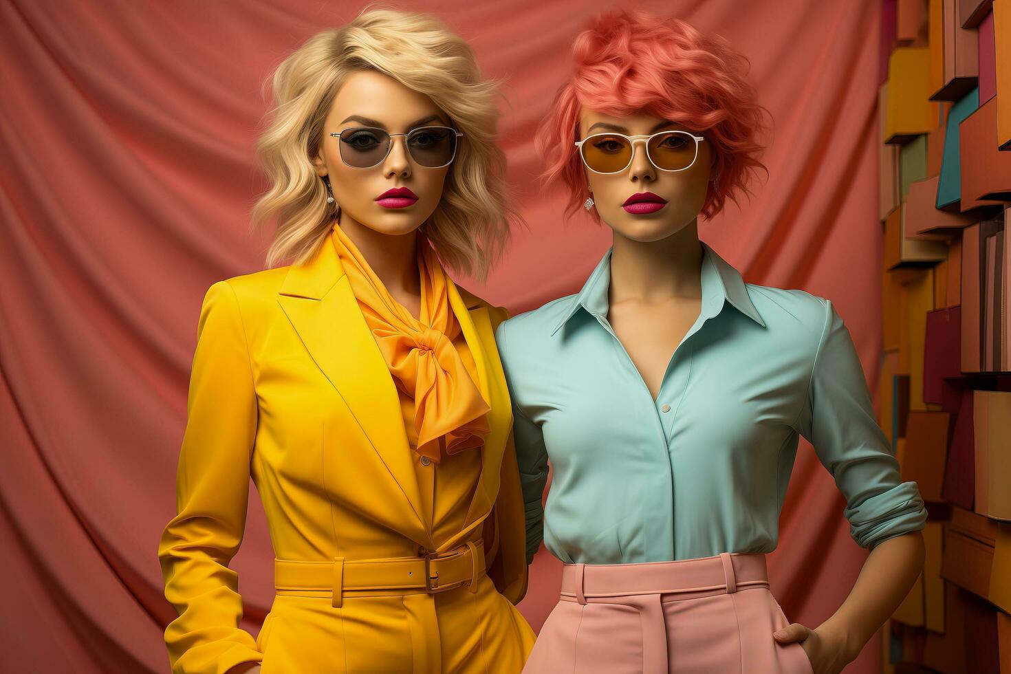 AI generated Two women in blue and yellow shirt with sunglasses on red background. photo
